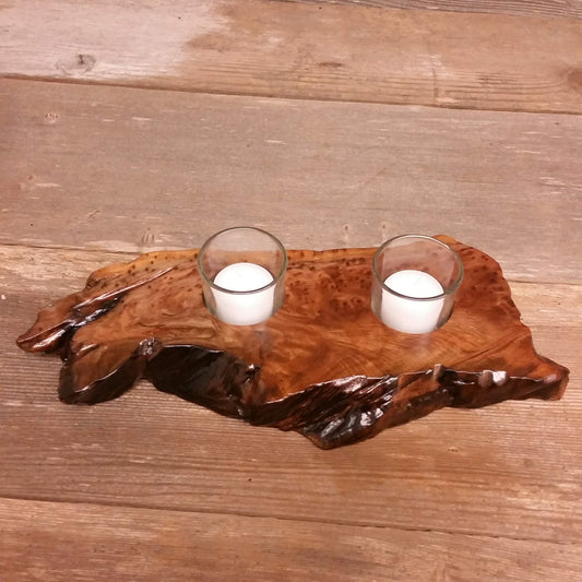 Rustic Redwood Wood Candle Holder 2 Glass Votive Handmade Home Decor 5th Anniversary Christmas Gift #V