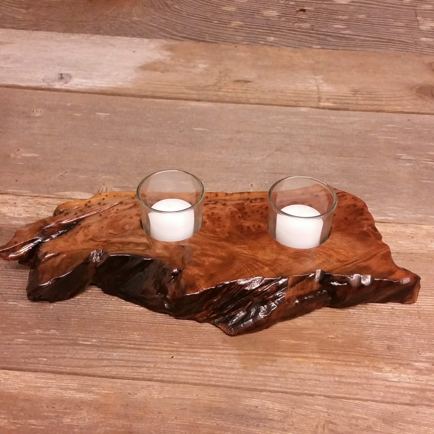 Rustic Redwood Wood Candle Holder 2 Glass Votive Handmade Home Decor 5th Anniversary Christmas Gift #V