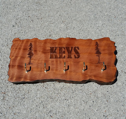 Key Rack Handmade Wood Redwood 7 Hooks California Redwood Engraved Rustic Edge Slab #8