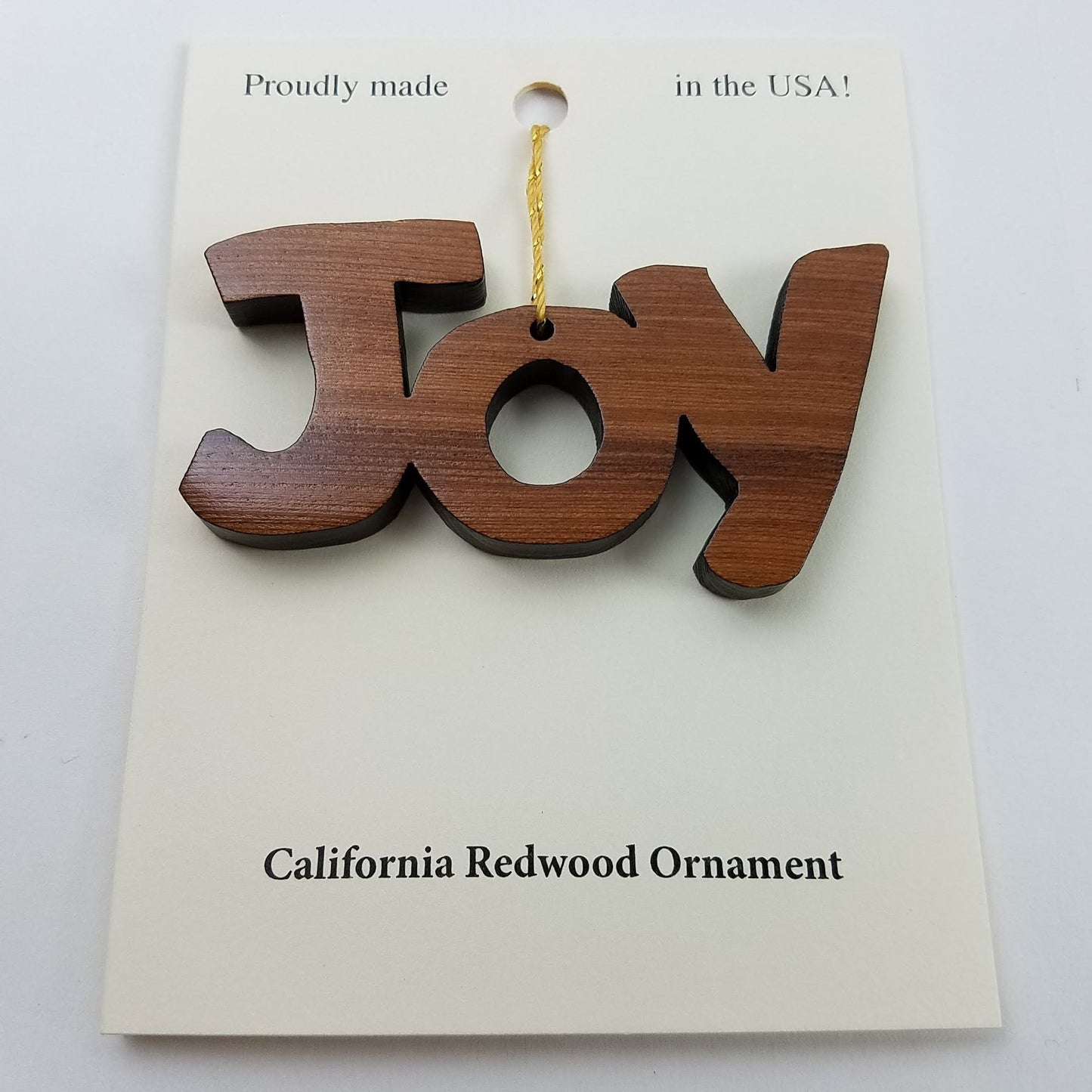 Joy Text Christmas Ornament Handmade Wood Ornament California Redwood Made in USA Laser Cut