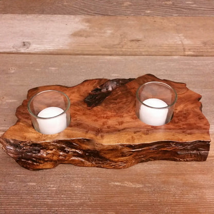 Redwood Candle Holder Rustic Glass 2 Votive Handmade Wood 2 Tone Color #Z Housewarming Gift Wedding Gift