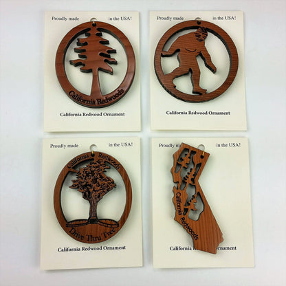 California Redwood Wood Laser Cut Christmas Ornament Set of 4 USA Handmade Bigfoot Drive Thru Tree California Redwood Tree