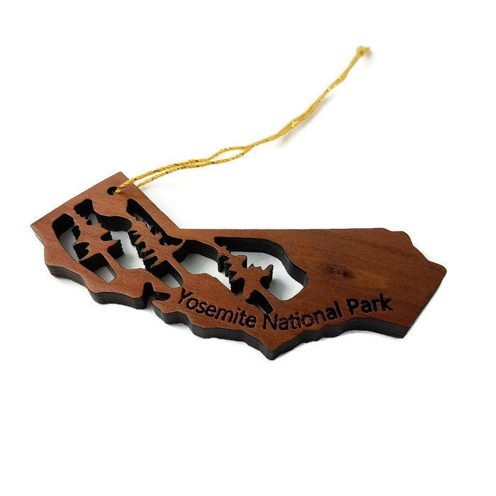 Yosemite National Park California State Shape Souvenir Christmas Ornament California Redwood Laser Cut Handmade Wood Ornament Made in USA