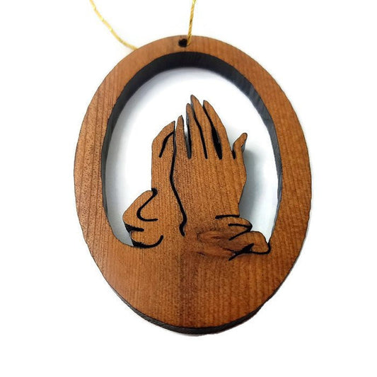 Praying Hands Christmas Ornament California Redwoods Handmade Wood Ornament Made in USA Laser Cut