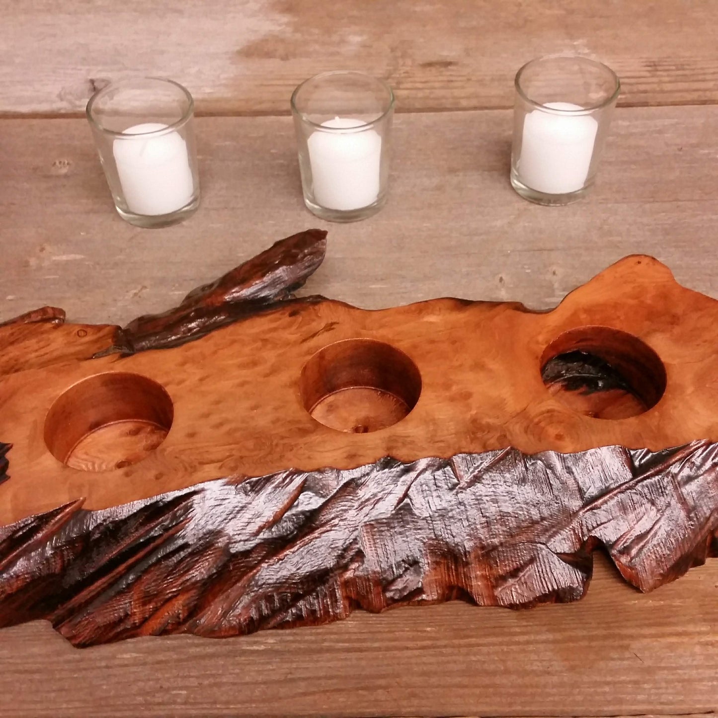 Wood Candle Holder Redwood Rustic Home Decor 3 Votive Handmade Wood 5th Anniversary #R Mother's Day Wedding Gift Unique Gift