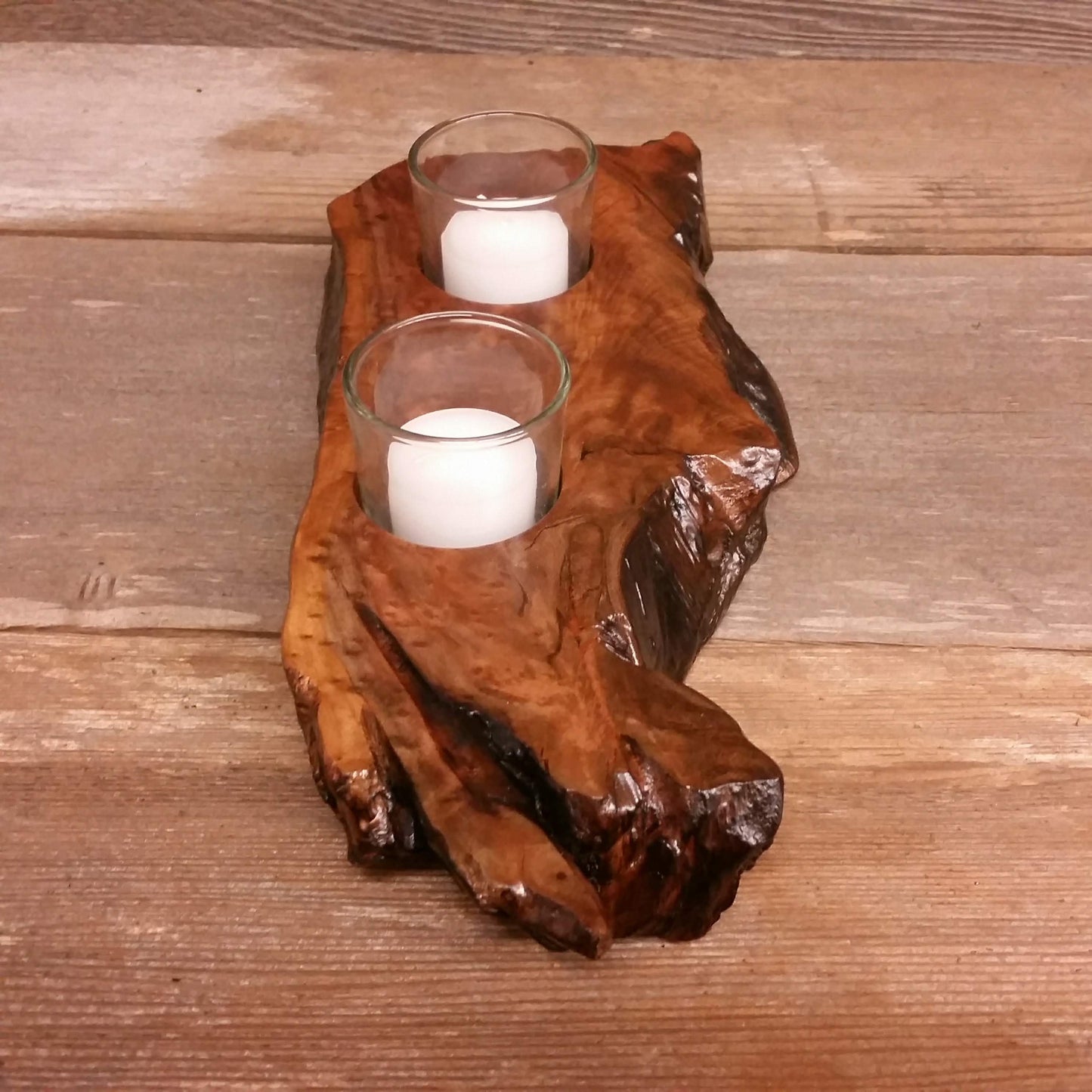 Rustic Redwood Wood Candle Holder 2 Glass Votive Handmade Home Decor 5th Anniversary Christmas Gift #V