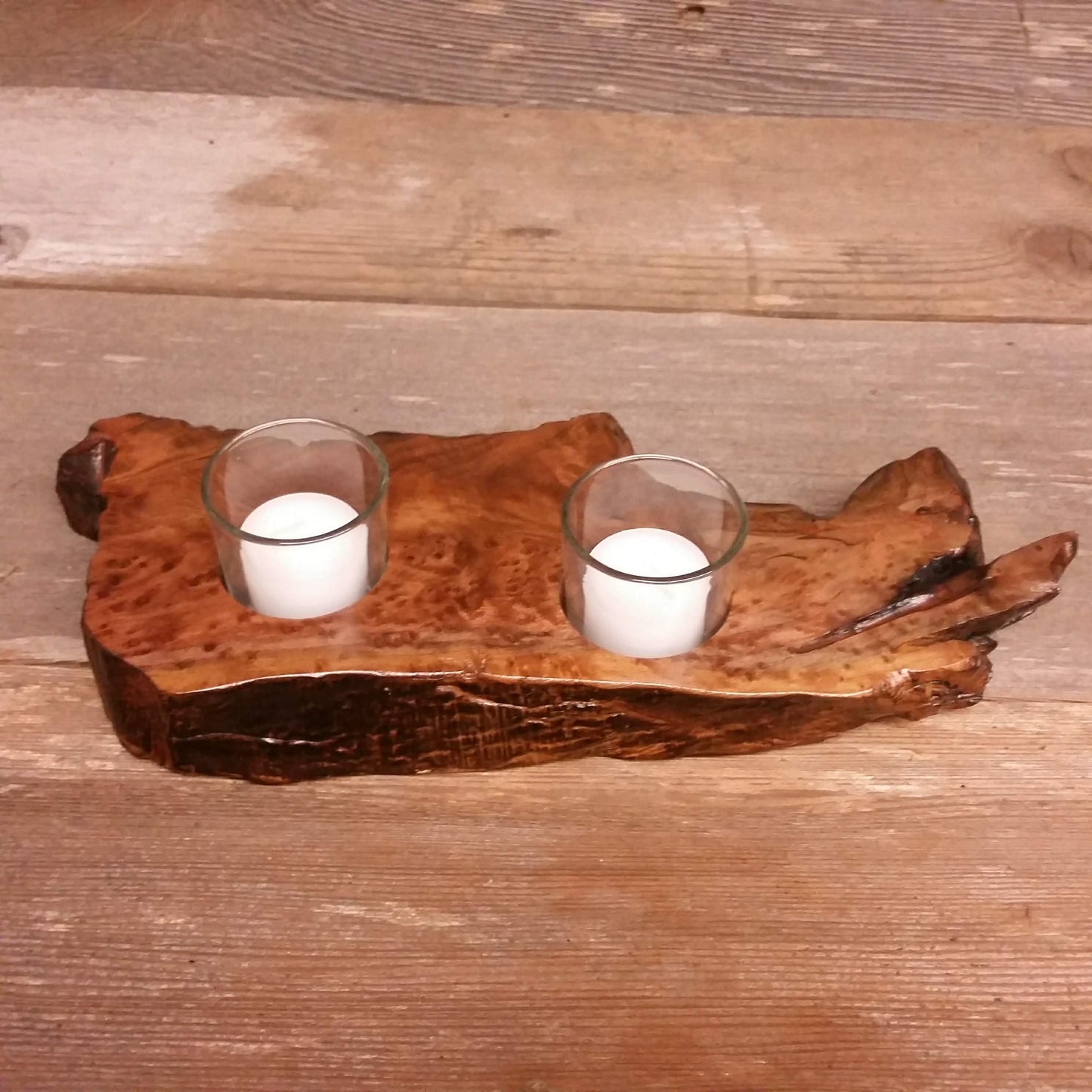 Rustic Redwood Wood Candle Holder 2 Glass Votive Handmade Home Decor 5th Anniversary Christmas Gift #V