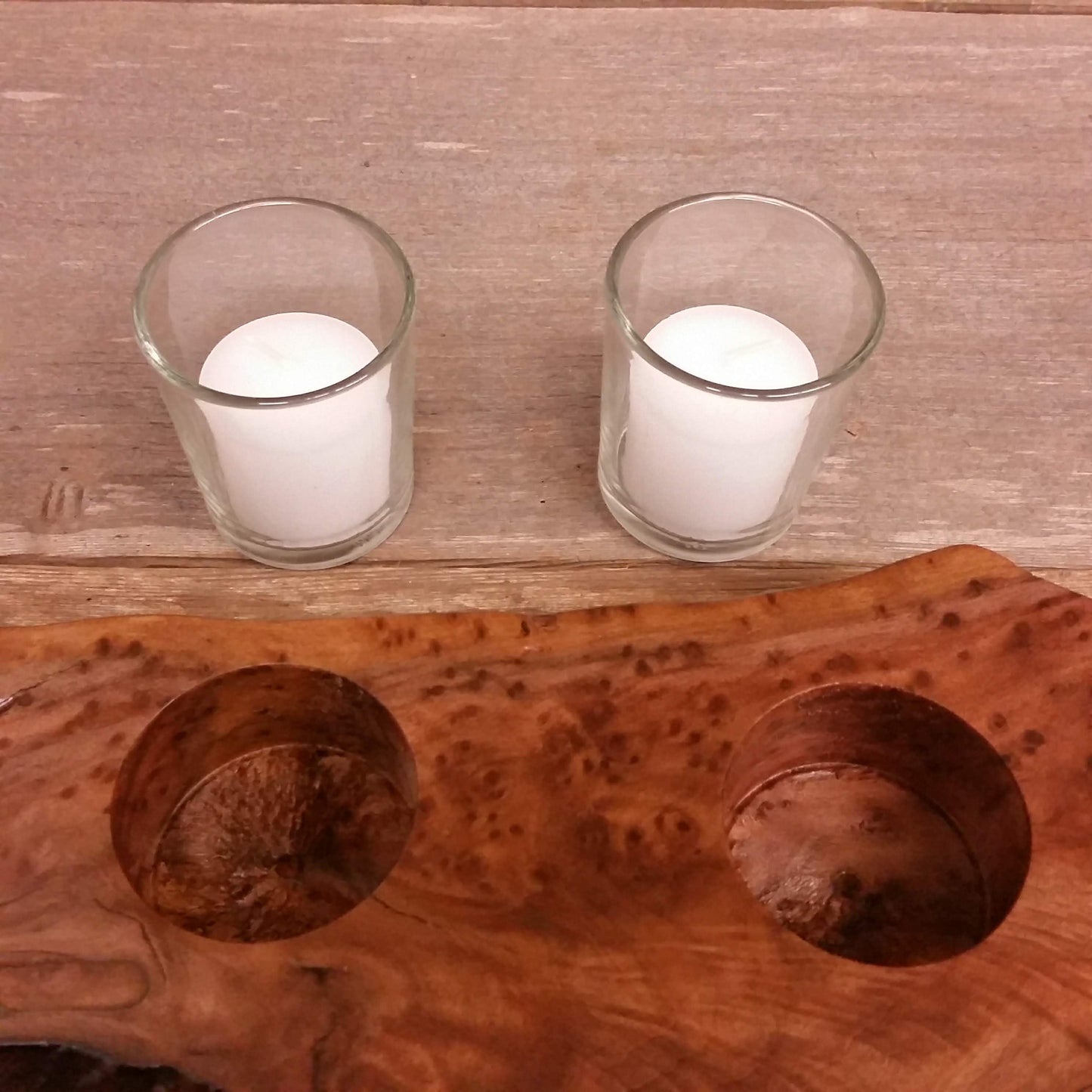 Rustic Redwood Wood Candle Holder 2 Glass Votive Handmade Home Decor 5th Anniversary Christmas Gift #V