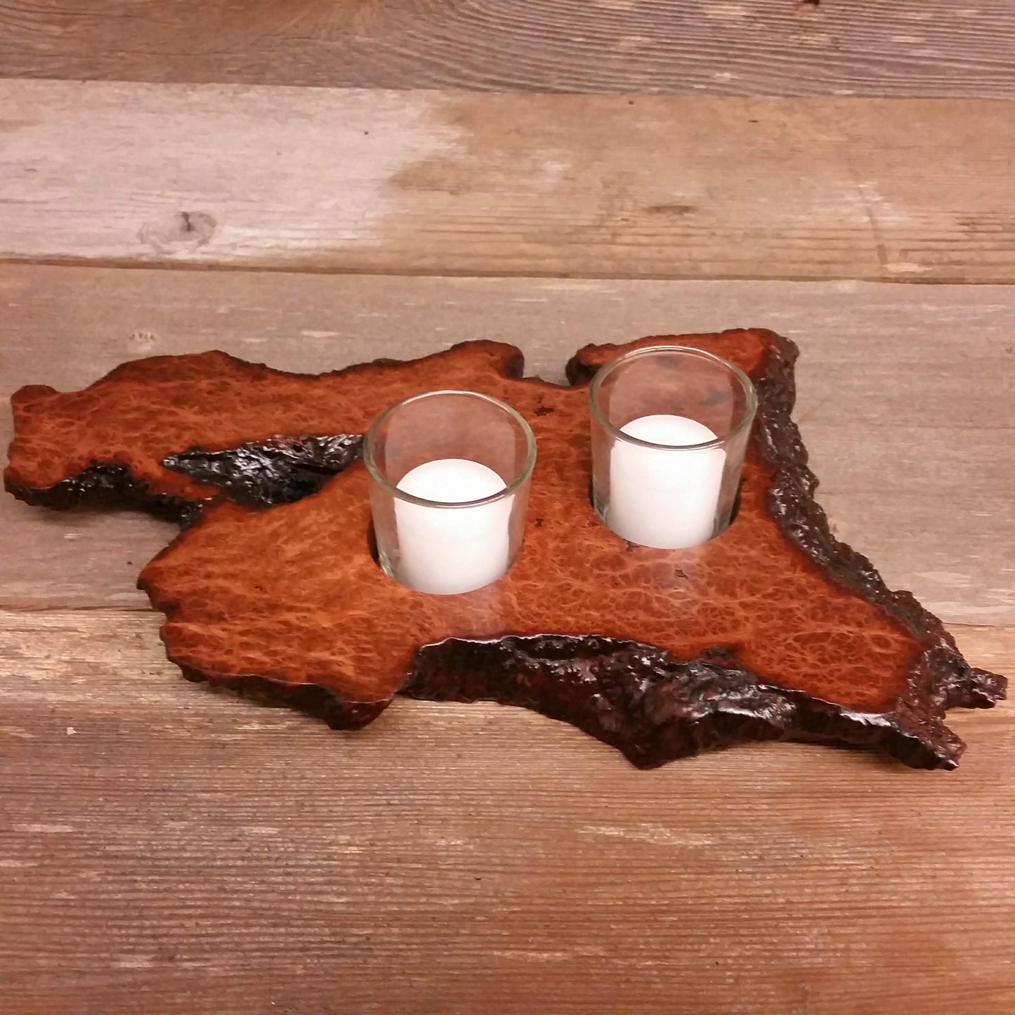 Votive Candle Holder Redwood Handmade Wood Candle Holder Glass 2 Candles 5th Redwood Burl One of a Kind Gift #W Natural Finish