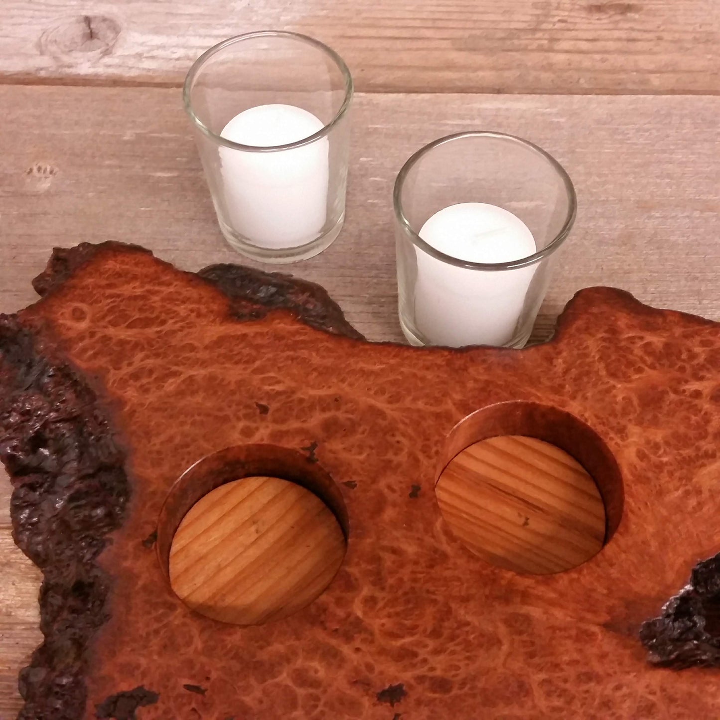 Votive Candle Holder Redwood Handmade Wood Candle Holder Glass 2 Candles 5th Redwood Burl One of a Kind Gift #W Natural Finish