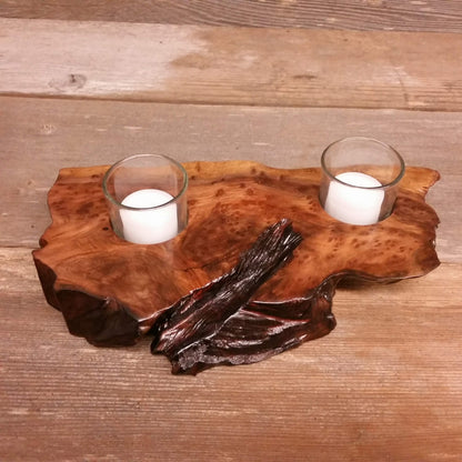 Redwood Candle Holder Rustic Glass 2 Votive Handmade Wood 2 Tone Color #Z Housewarming Gift Wedding Gift