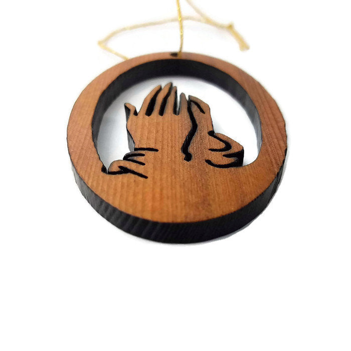 Praying Hands Christmas Ornament California Redwoods Handmade Wood Ornament Made in USA Laser Cut