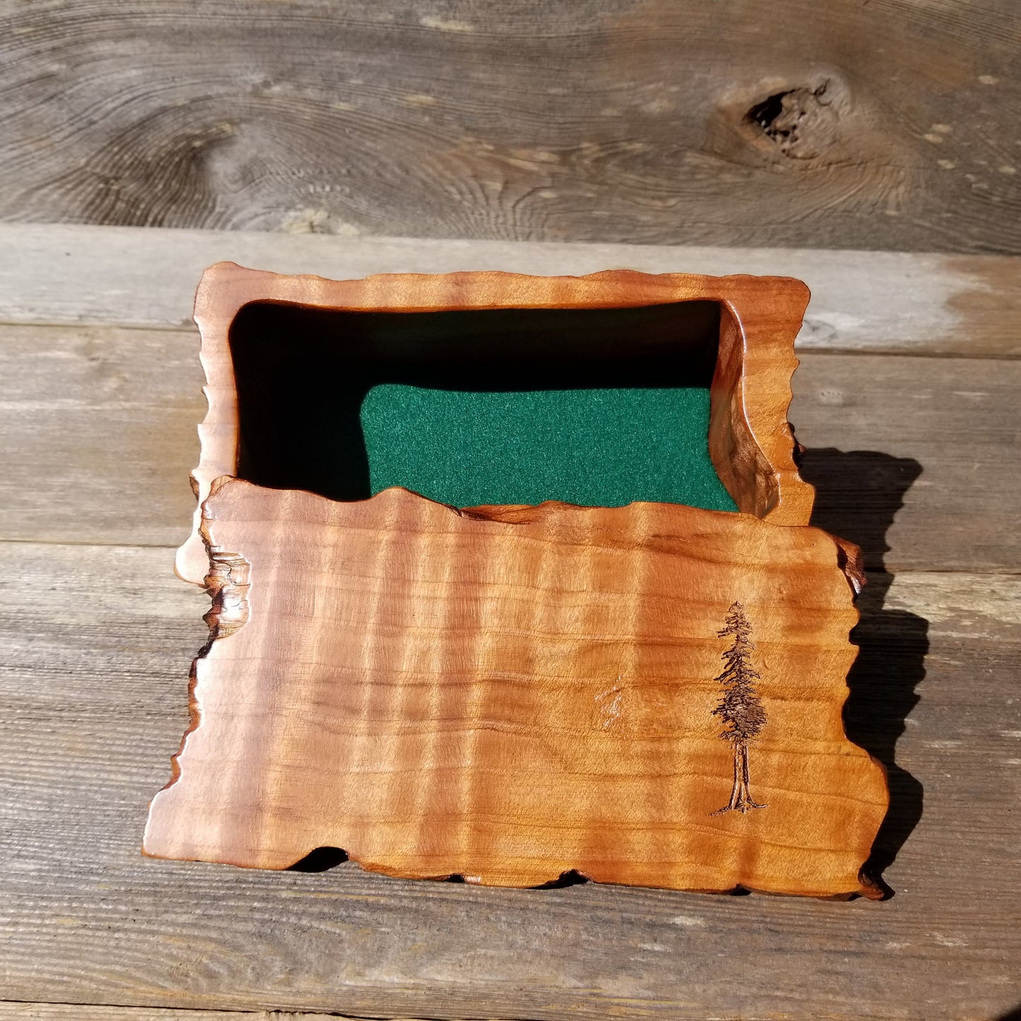 Handmade Wood Box with Redwood Tree Engraved Rustic Curly Wood #U