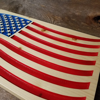 American Flag Carved Wood Sign Handmade USA Patriotism Rustic Knotty Pine Red White Blue