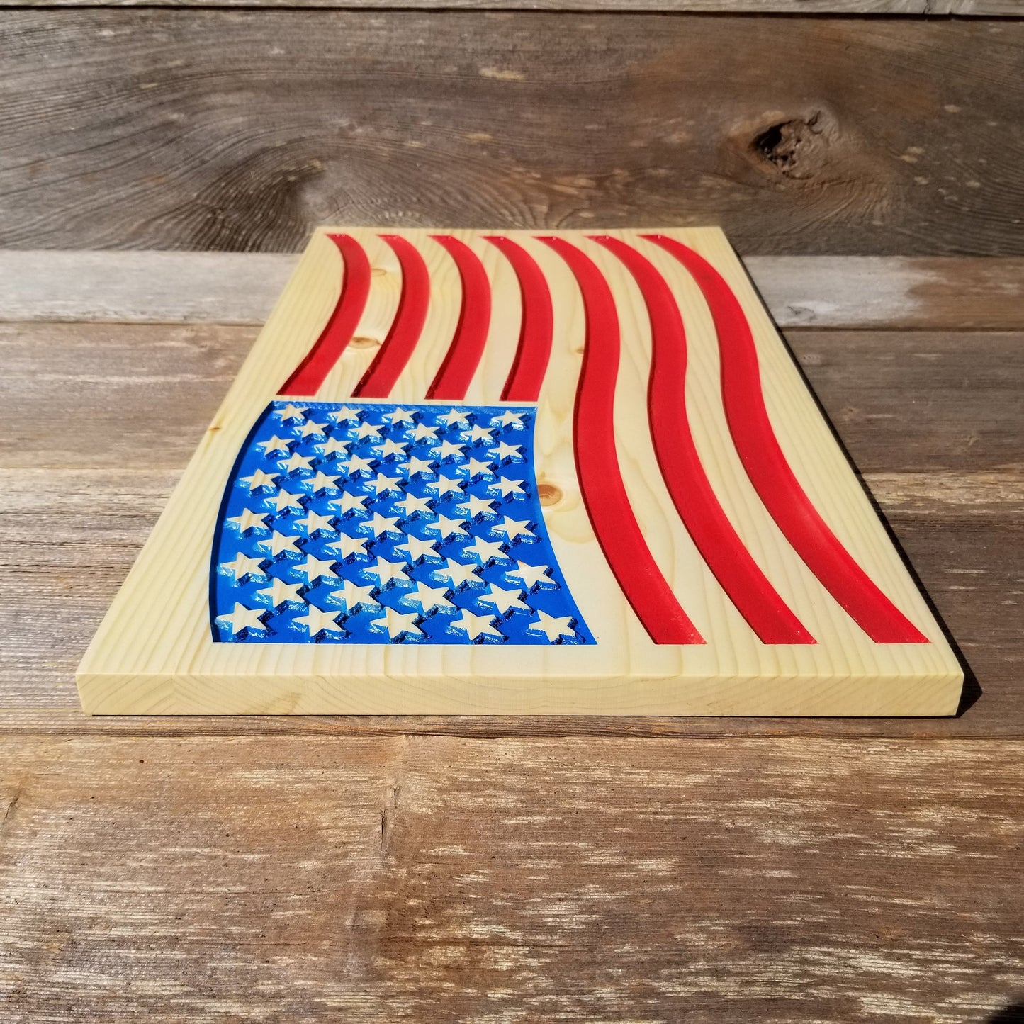 American Flag Carved Wood Sign Handmade USA Patriotism Rustic Knotty Pine Red White Blue