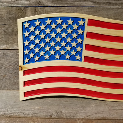 Wavy American Flag Carved Wood Sign USA Patriotism