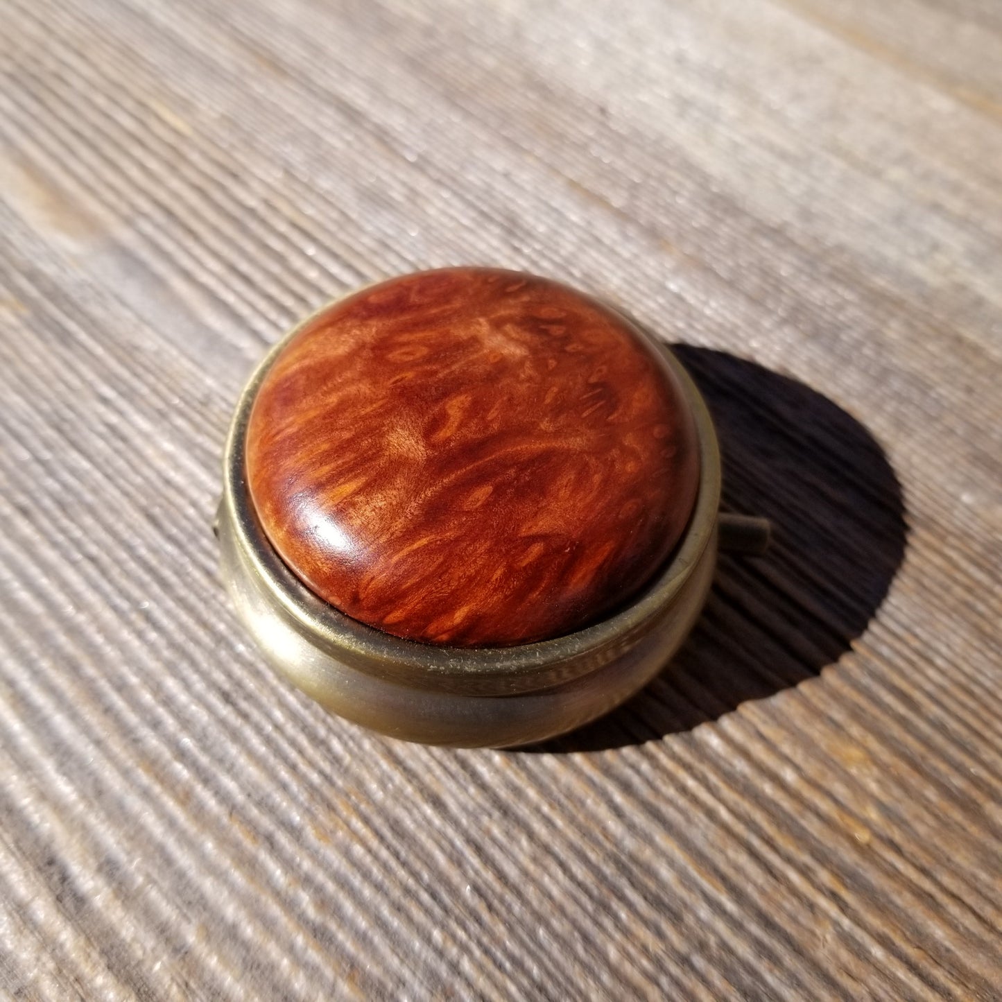 Handmade Pill Box 3 Sections Redwood Top California Burl Souvenir Memento Rustic Antique Bronze #208