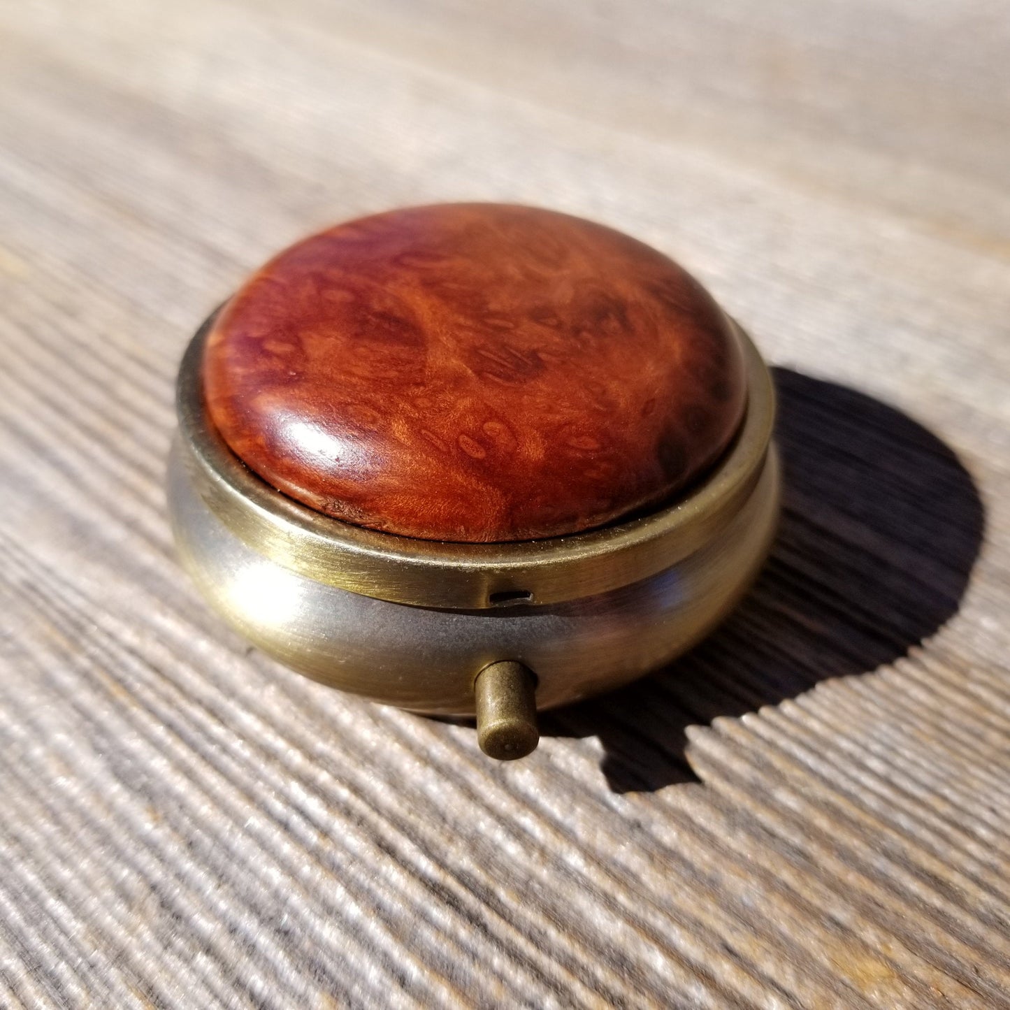 Handmade Pill Box 3 Sections Redwood Top California Burl Souvenir Memento Rustic Antique Bronze #208