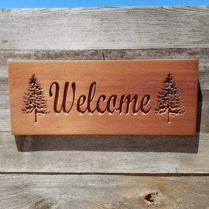 Welcome Sign with Two Trees Handmade Carved Sign Redwood