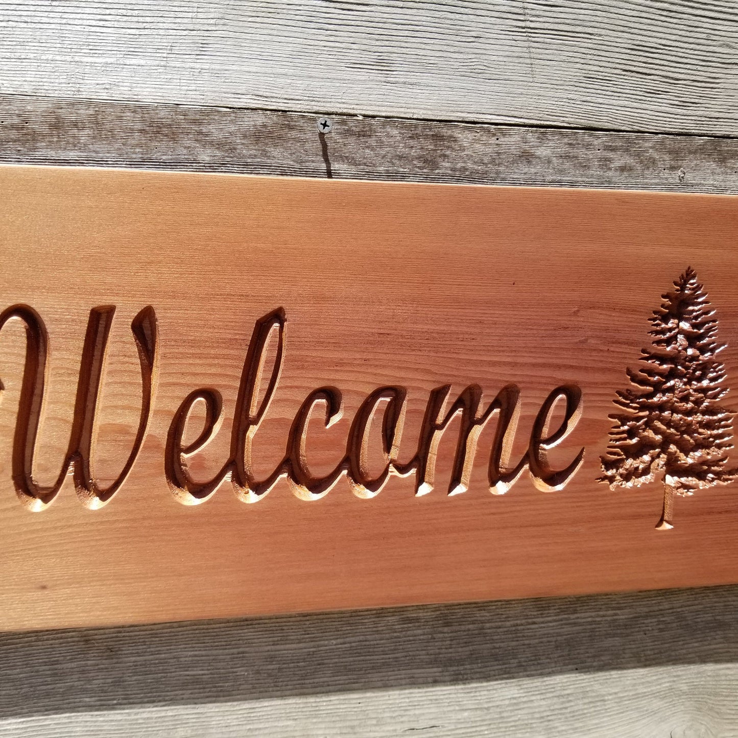 Welcome Sign with Two Trees Handmade Carved Sign Redwood