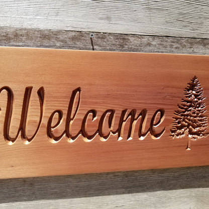 Welcome Sign with Two Trees Handmade Carved Sign Redwood