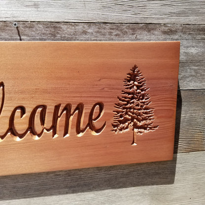 Welcome Sign with Two Trees Handmade Carved Sign Redwood