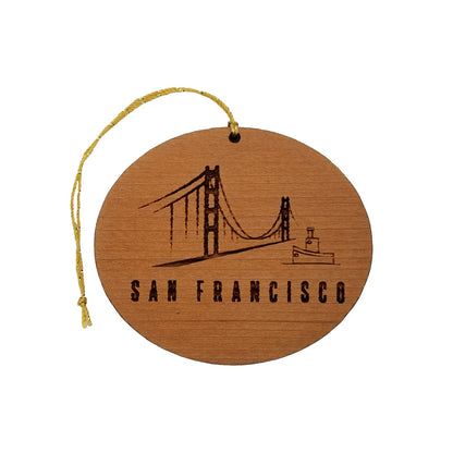 San Francisco California Golden Gate Bridge Christmas Ornament In the Fog Handmade Wood Tug Boat