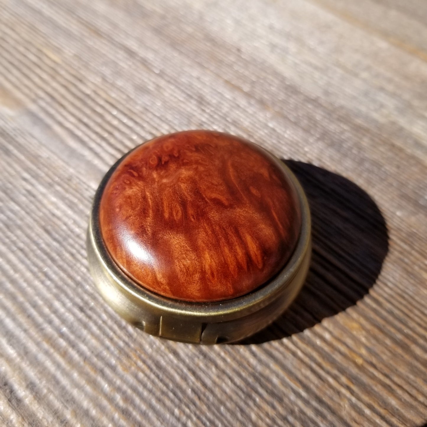 Handmade Pill Box 3 Sections Redwood Top California Burl Souvenir Memento Rustic Antique Bronze #208