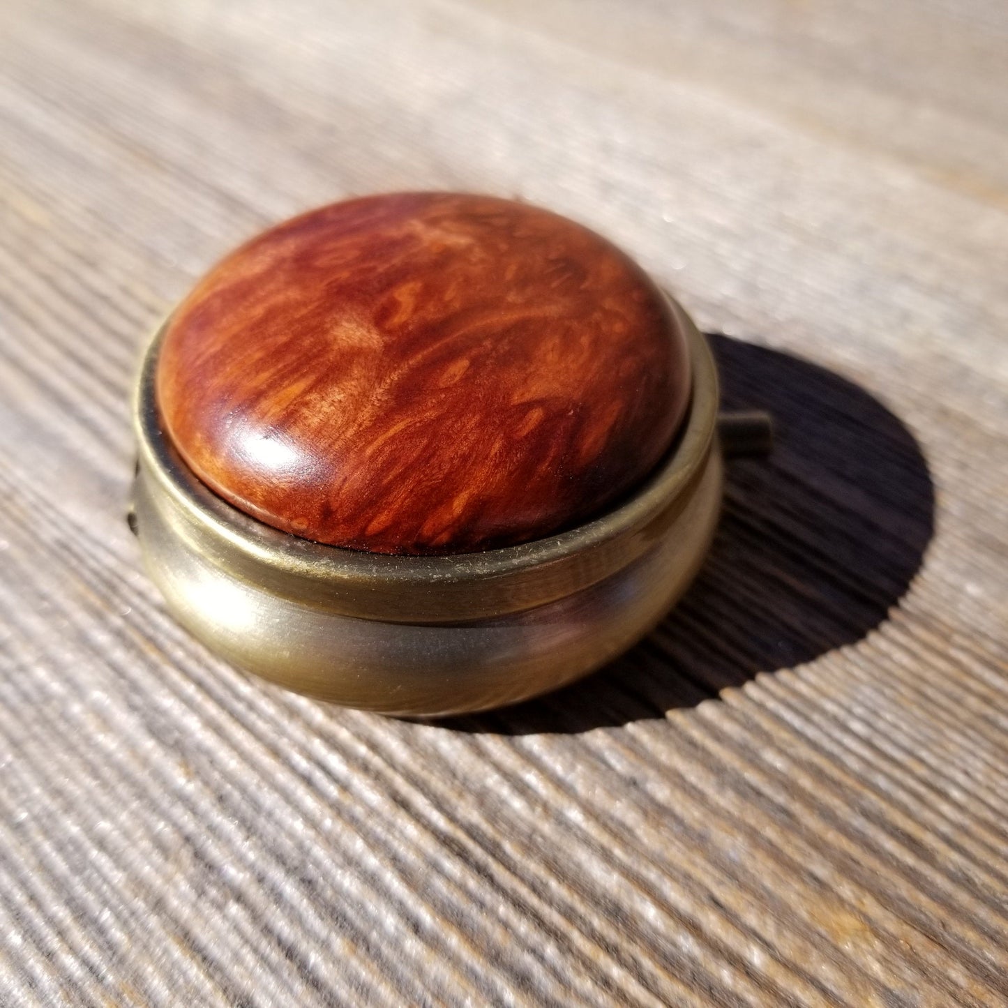 Handmade Pill Box 3 Sections Redwood Top California Burl Souvenir Memento Rustic Antique Bronze #208