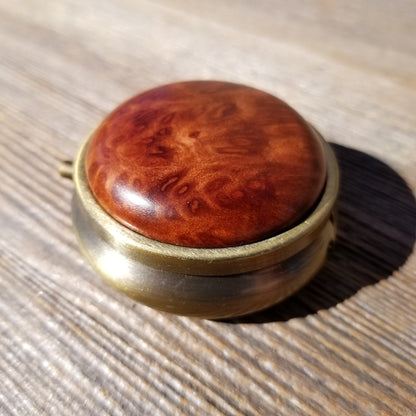 Handmade Pill Box 3 Sections Redwood Top California Burl Souvenir Memento Rustic Antique Bronze #208