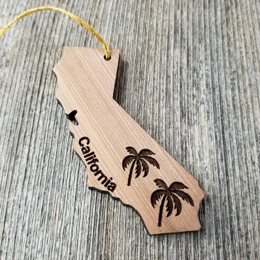 California State Shape Christmas Ornament Palm Trees Laser Cut Handmade Wood Ornament Made in USA