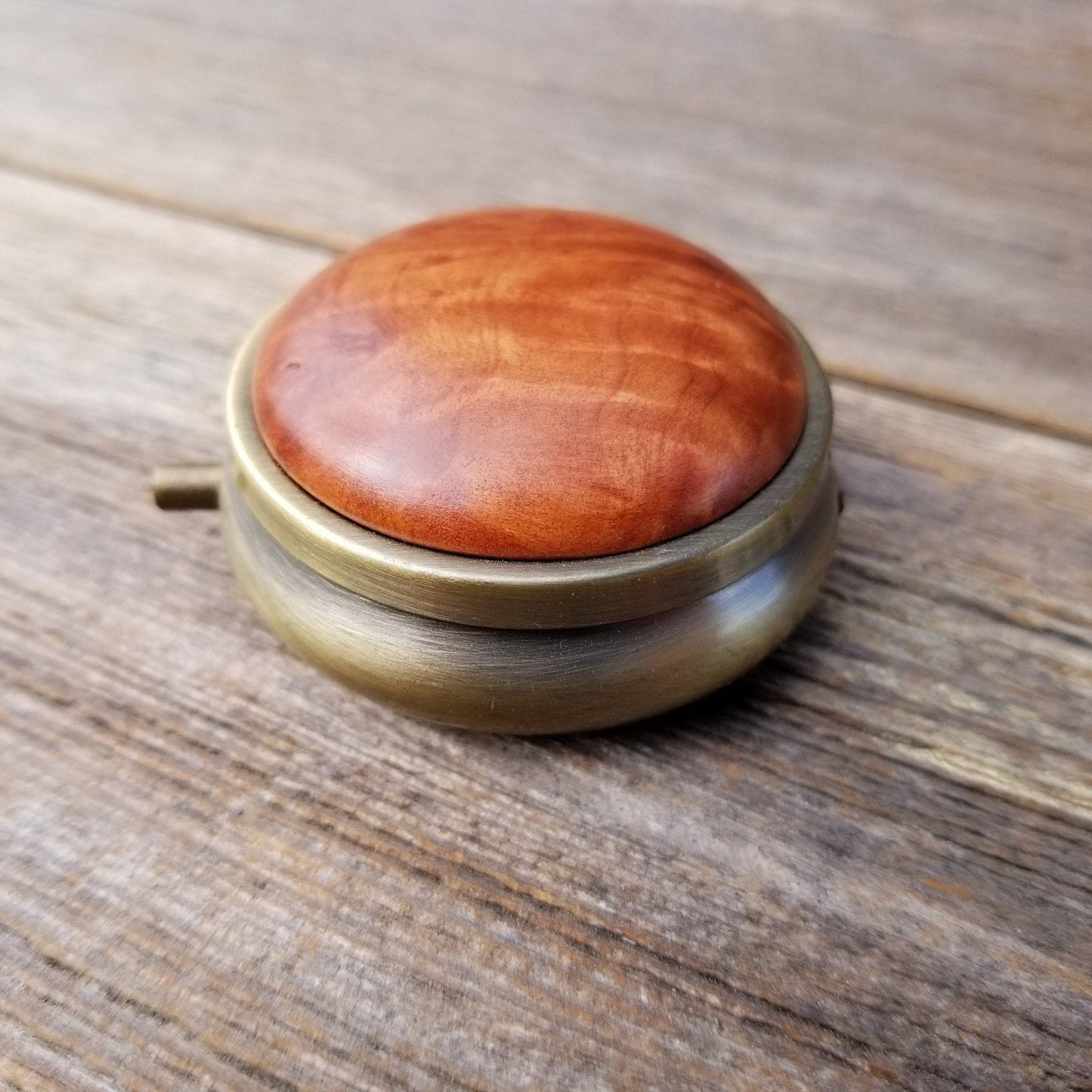 Handmade Pill Box 3 Sections Redwood Top California Burl Souvenir Memento Rustic Antique Bronze #167