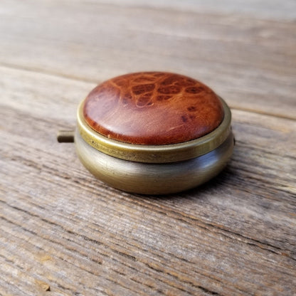 Handmade Pill Box 3 Sections California Redwood Burl Top Souvenir Memento Rustic Antique Bronze #168