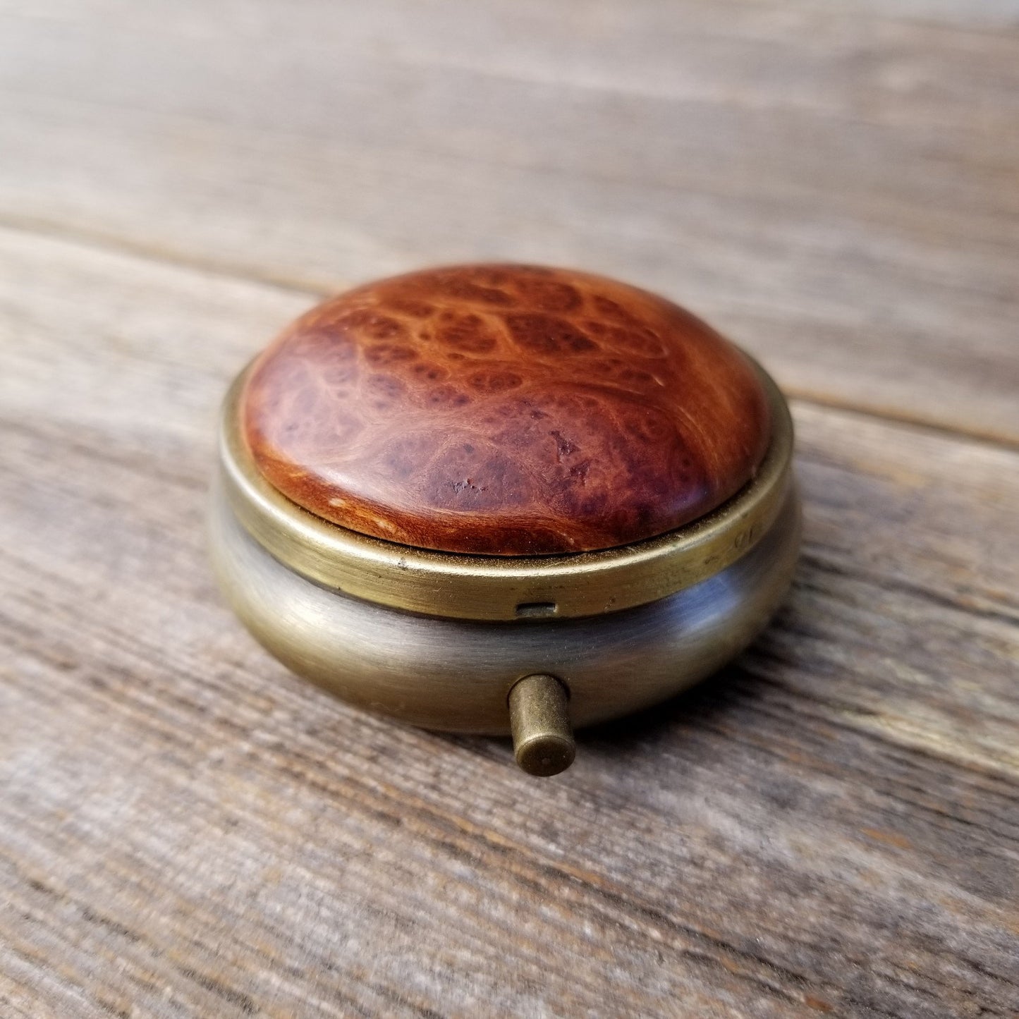 Handmade Pill Box 3 Sections California Redwood Burl Top Souvenir Memento Rustic Antique Bronze #168