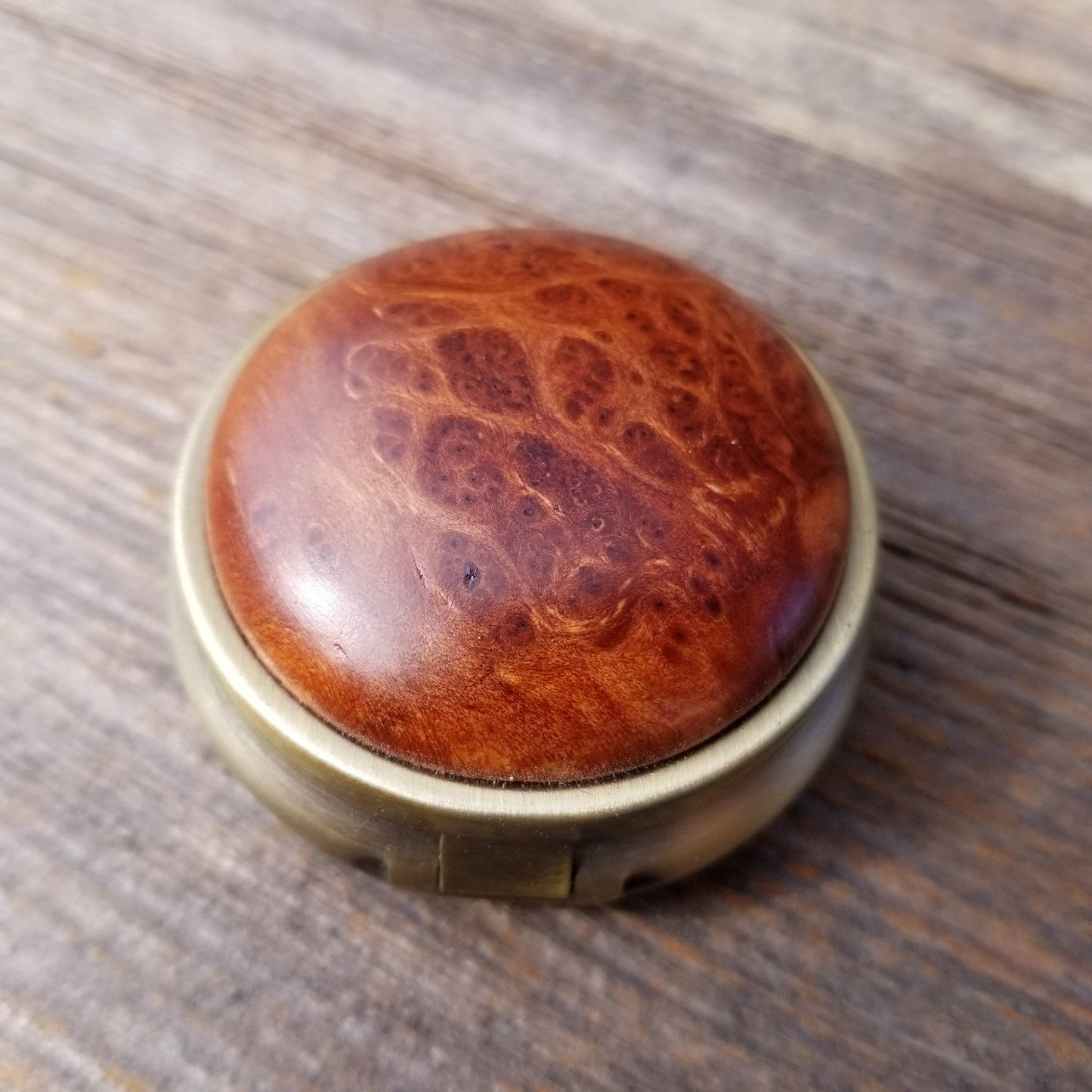 Handmade Pill Box 3 Sections California Redwood Burl Top Souvenir Memento Rustic Antique Bronze #168