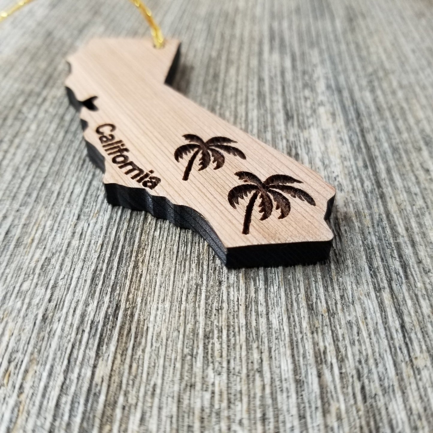 California State Shape Christmas Ornament Palm Trees Laser Cut Handmade Wood Ornament Made in USA