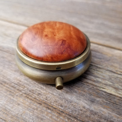 Handmade Pill Box 3 Sections Redwood Top California Burl Souvenir Memento Rustic Antique Bronze #167