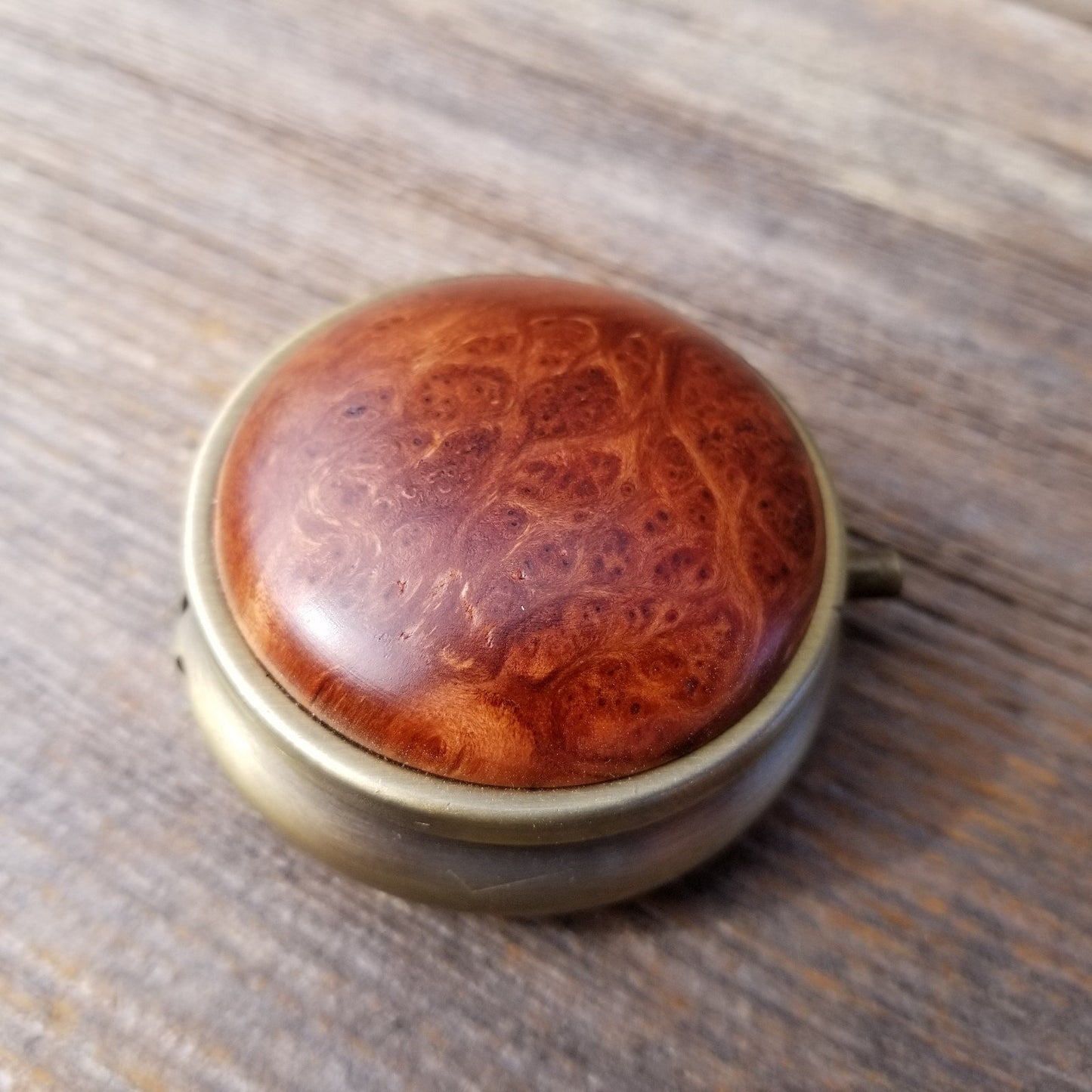 Handmade Pill Box 3 Sections California Redwood Burl Top Souvenir Memento Rustic Antique Bronze #168