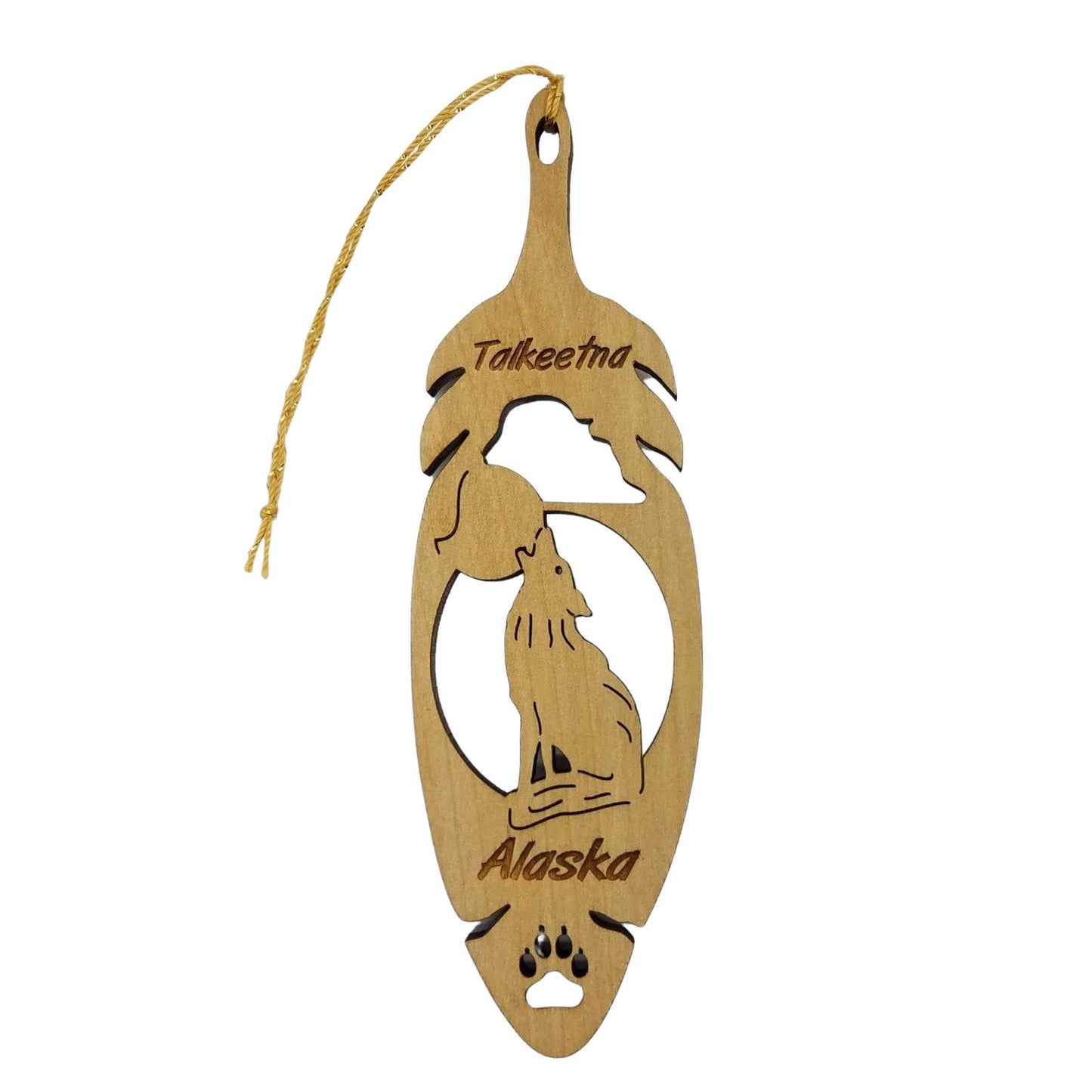 Talkeetna Alaska Wolf Christmas Ornament Wood Laser Cut Handmade in USA 5.5" - Wolf Lover Gift