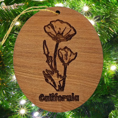 California Poppy Christmas Ornament - Poppies - CA State Flower Handmade Wood Memento Souvenir - Travel Gift - California Redwood