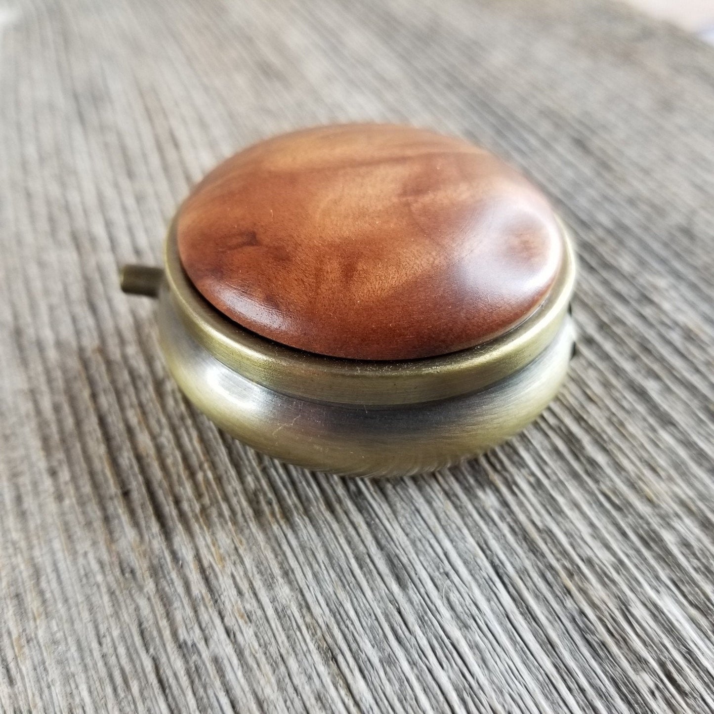 Redwood Pill Box 3 Sections Handmade Top California Burl Antique Bronze #283